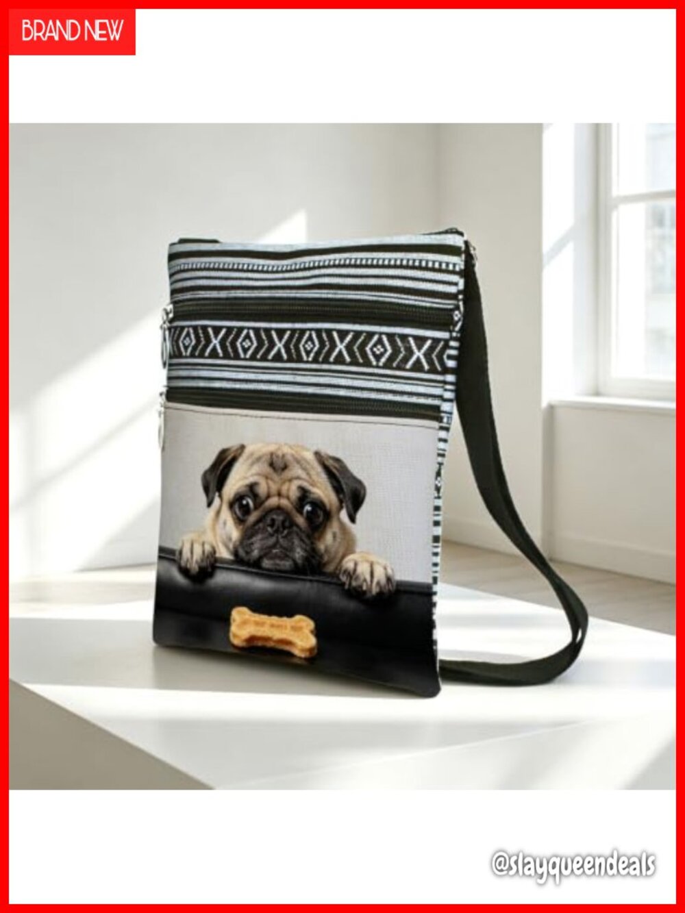 Pug Print Crossbody Bag Boho Polyester Adjustable Strap Multi Zip Purse Small - Picture 2 of 6